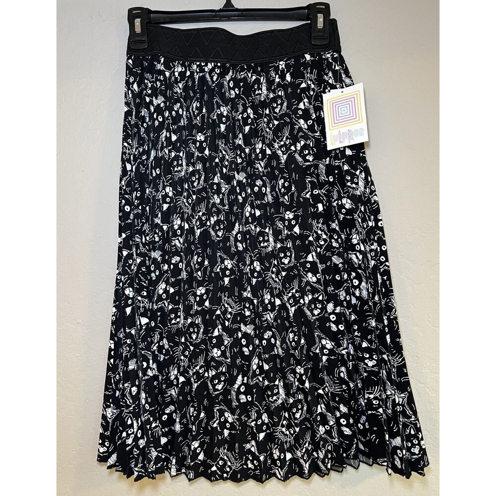 NWT Lularoe Black and White Allover Cats Pleated A-Line Skirt (retail $46), XS